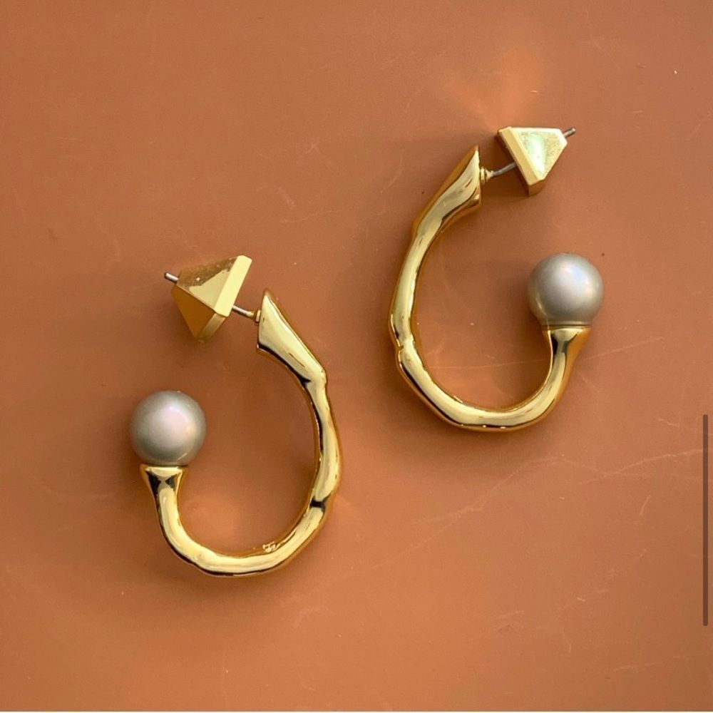 ALEXIS BITTAR Pearl Capped Twisted Gold Open Hoop Post Earrings - MSRP $195 - Picture 11 of 14